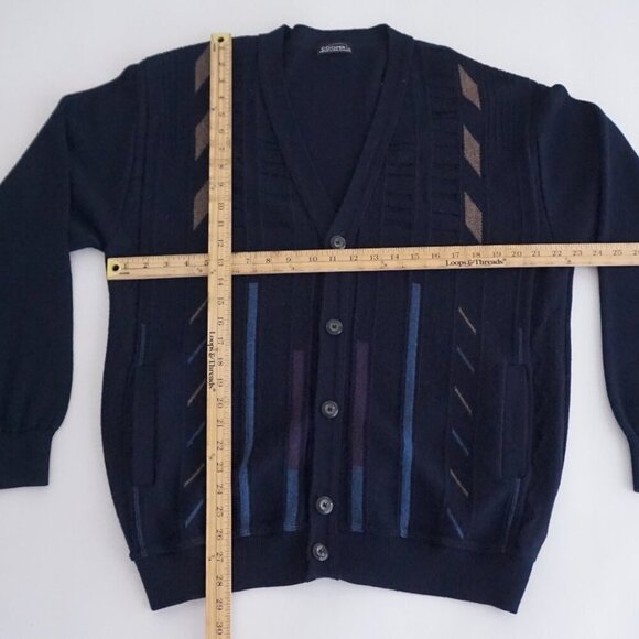'90s Navy 3D Coogi Biggie Cosby Fine Knit 50% Wool button Up Cardigan Sweater L - Picture 3 of 9